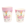 Détail de gobelets jetables en papier avec motif licorne et fleurs roses pour fête d'enfants - Gobelet en Papier Licorne Rose KK / Lot de 6