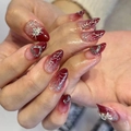 Red gradient almond press-on nails with silver spider web and heart rhinestone design - Red Black Gradient Spider Web Glue Style (JP3030)