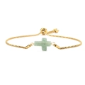 Bracciale a catena box dorata regolabile con pendente a croce in pietra naturale verde - Avventurina Verde