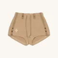 Dettaglio degli shorts kaki a vita alta con coulisse e ricamo floreale - S / Grano