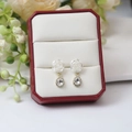 Elegant gold drop earrings featuring white rose studs and teardrop zircon crystals - E2462-White Rose Zirconia Drop