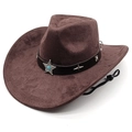 Detail of brown suede cowboy hat with turquoise star badge and adjustable chin strap - M (56-58cm) / Chestnut