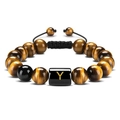 Handmade tiger eye bead bracelet with golden letter Y on a black rectangular charm - Letter Y