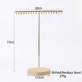 Golden T-bar necklace display stand with 18 hooks and a round wooden base - 18-hook Necklace Rack / Gold