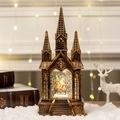 Vintage bronze church music box snow globe with Santa and reindeer for Christmas - Large Church Reindeer Sleigh Santa