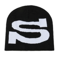 Classic black knitted beanie hat with a large white Jacquard S letter pattern for winter - M (56-58cm) / Black