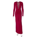 Elegant wine red long sleeve dress featuring deep V-neck mesh detail and ruched front design - S / Burgundy