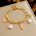 Golden stainless steel necklace with pink butterfly, tulip, flower and pearl charms - Tulip Bee Flower Artificial Pearl Bracelet (B1510)