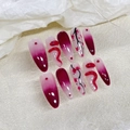 Unghie finte artigianali sfumate rosse con serpente 3D e decori fiori di ciliegio - Extra Piccolo (XS) / Stile a Mandorla Lunga Sfumata Rossa(1449)