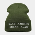 Detail of army green beanie featuring high-quality white embroidered MAGA lettering - Army Green