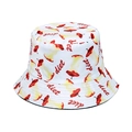 Detailed view of white bucket hat featuring red apple core pattern and diet text embroidery - Apple Core Print (K)