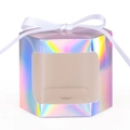 Holographic hexagonal gift box with clear window and white ribbon bow detail - Plain Silver
