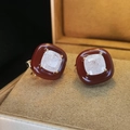 Fashionable square candy stud earrings with brown enamel and clear zircon stones - Wine Red Enamel White Zirconia