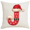 Christmas letter J pillow cover with Santa hat and snowflake patterns on beige linen - Letter J