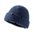 Short dark blue knitted beanie with distressed ripped details and ribbed texture - Navy Blue
