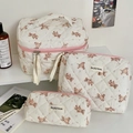 Three-piece quilted bear cosmetic bag set in cream with pink zippers for travel storage - Pink Bear