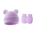 Close-up of lavender knit newborn hat with round ears and matching mittens set - Hat And Gloves / Light Purple