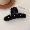 Elegant black faux fur claw clip with white pearl accents for thick hair styles - Black Faux Rabbit Fur Pearl Claw Clip