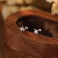 S999 sterling silver octagonal star stud earrings with zircon and secure screw back - Eight-pointed Star - Platinum Color - Screw-back - Full 999 Sterling Silver