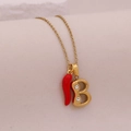 Collar de acero dorado con colgante de chile rojo y letra B con cristales brillantes - Letra B(B)
