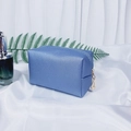 Blue rectangular synthetic leather makeup bag with pearl letter and gold zipper on silk - Small / Holographic Blue