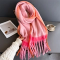 Detail of pink and orange gradient faux cashmere scarf with fringe and soft texture - Orange Pink Gradient