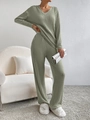 Women's sage green knit lounge set with V-neck long sleeve top and wide-leg pants - Army Green