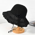 Women's black crochet straw sun hat with wavy brim and side floral detail and wind rope - Black Flower Crochet