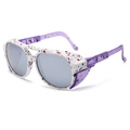 Polarized night vision sunglasses with white splatter frame and purple side shields - White Frame Purple Temple Silver Mirror C8