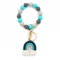 Silicone beaded bracelet keychain with handmade rainbow tassel in teal and grey colors - Dark Green