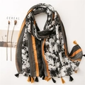 Linen feel scarf with black and white ink painting and vibrant orange tassel edges - SL2007-027 (Black White Mottled Orange Line Tassel)