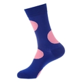 Mid-calf cotton crew socks featuring a blue base with large pink polka dots - 948 Large Polka Dot