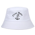 White cotton bucket hat with black First Mate embroidery and nautical anchor design - Adjustable / White First Mate