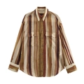 Camisa casual de rayas marrón y beige para mujer con bolsillos en el pecho - XS / Como se muestra