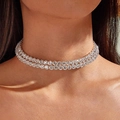 Luxurious bridal jewelry set with sparkling cubic zirconia flowers worn by model - DTN28S02-Silver Double Row Choker