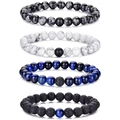 Set of 4 beaded stretch bracelets with marble grey, white, blue tiger eye, and lava stone beads - Snowflake & White Turquoise & Tiger Eye & Matte Onyx 4pcs Set
