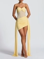 Detail of ruched yellow strapless dress with sheer mesh waist and asymmetrical hem ribbons - S / Yellow