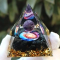 Orgone crystal pyramid with galaxy sphere, amethyst, obsidian and gold foil accents - Amethyst Ball Vortex / Small