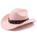 Detail of pink suede cowboy hat featuring leather band with metal rivets and bull head buckle - M (56-58cm) / Pink