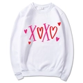 White crewneck sweatshirt with pink XOXO heart print in a flat lay front view - S / Tops / White