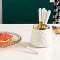 White ceramic jar with gold wavy rim and 6 matching dessert forks in a luxury set - White - Fruit Fork