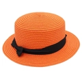 Top view of bright orange boater straw hat with black grosgrain ribbon and bow detail - Orange