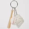 Miniature baseball keychain with wooden bat, white glove and ball on silver ring - 3-in-1 3.5cm Ball / White