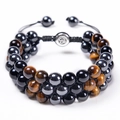 Macro detail of triple-layer braided natural tiger eye and hematite stone bead bracelet - Hematite + Yellow Tiger Eye + Obsidian Bracelet
