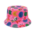 Detail of pink cotton bucket hat featuring colorful cartoon cat prints and reinforced stitching - Head Circumference 52-54cm / Rose Red