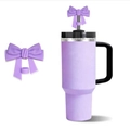 Purple bow straw cover for 10mm tumblers with decorative rhinestone lid detail - Purple