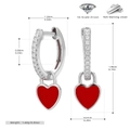 Detailed view of 925 silver hoop earrings with red heart charms and zircon stones - Red Enamel 925 Sterling Silver White Gold Plated