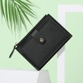 Slim black lychee pattern PU leather card holder with gold zipper and snap button - Black