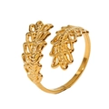 Detail view of 18k gold plated leaf textured adjustable ring with a polished finish - Style 4/Wheat Leaf