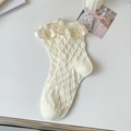Cream white Lolita mid-calf socks with 3D dots and satin ruffle trim for women - One Size / Milky White Dots
